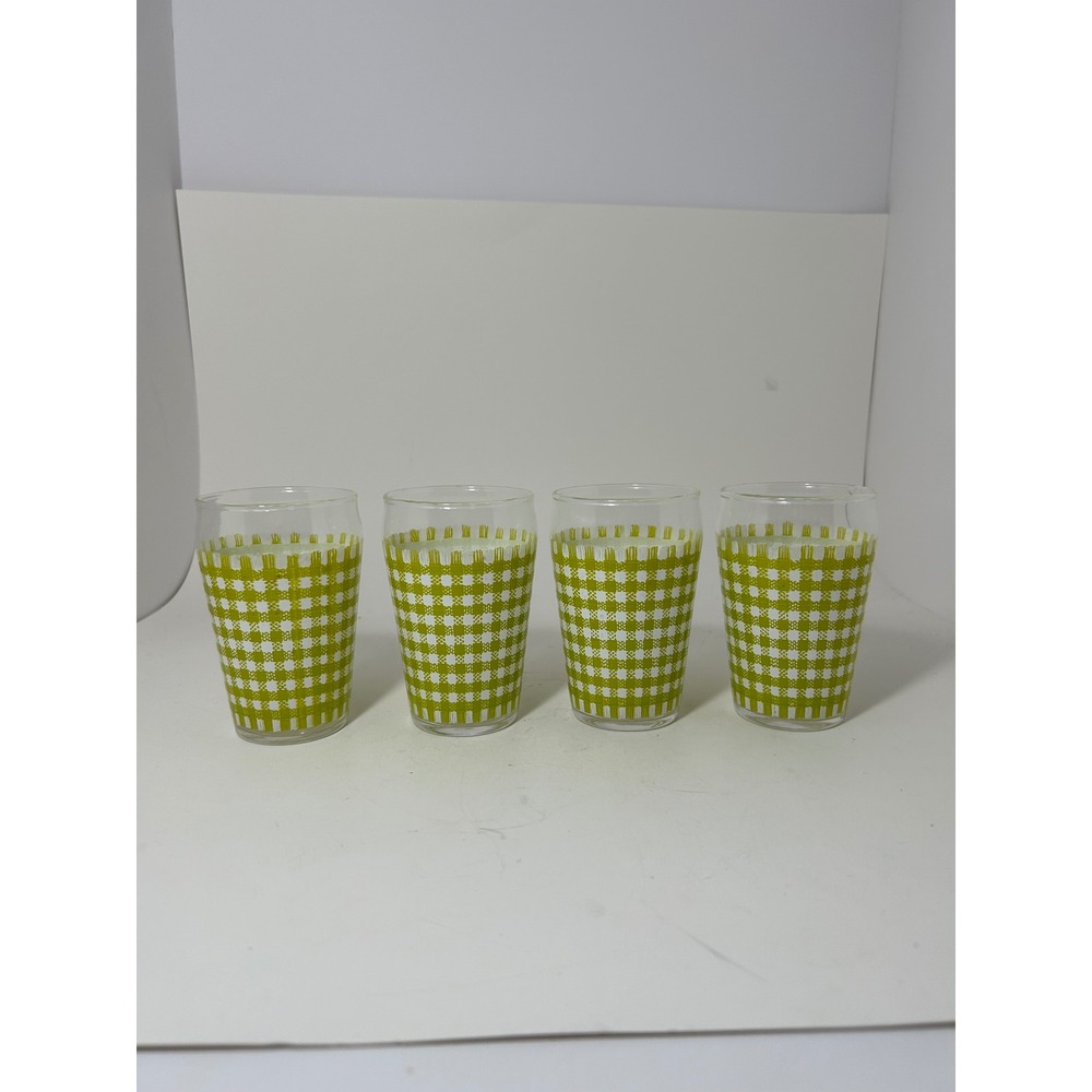 Set of 4 Vintage Lime Green Gingham Check Juice Glasses Retro MCM Glassware